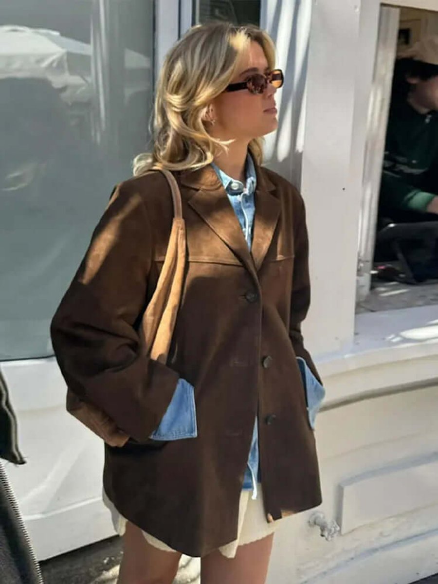 Womens Jacket Oversized Suede Blazer Turtleneck Layer