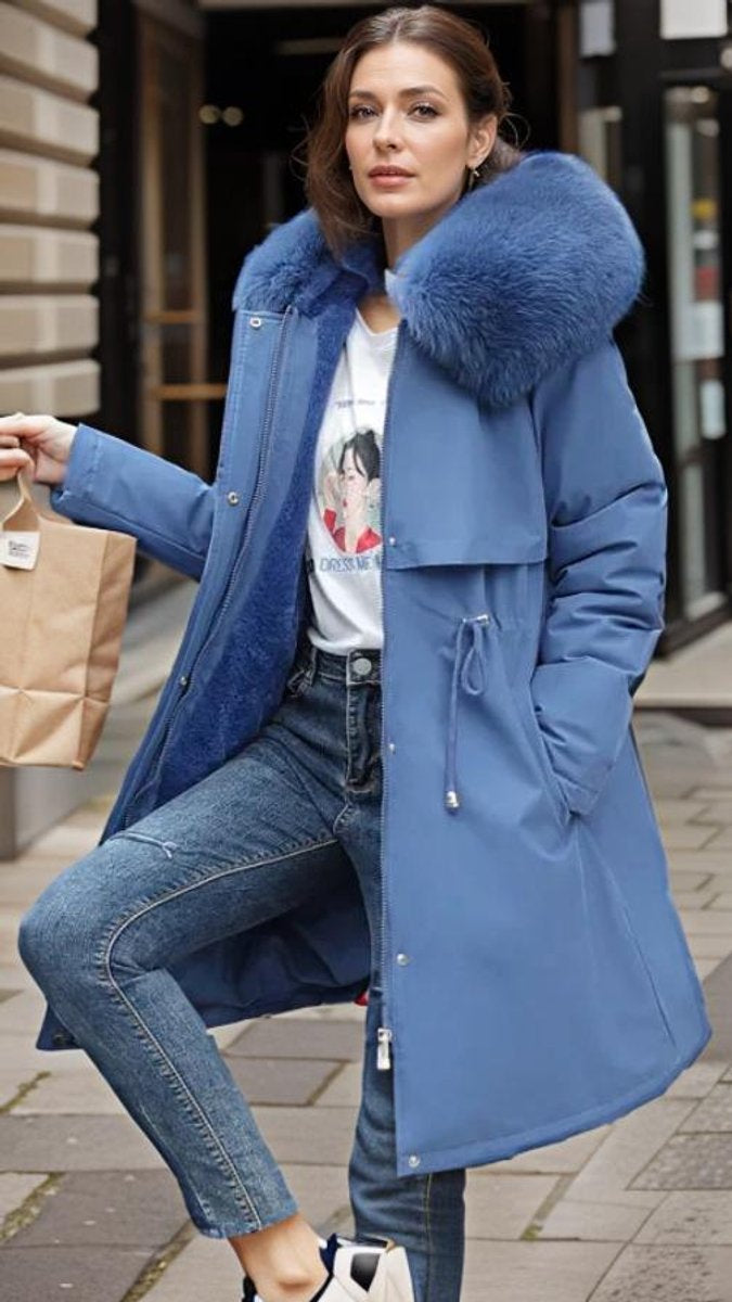 Women's Jacket Waterproof Insulated Winter Parka Faux Fur Hood - Blue