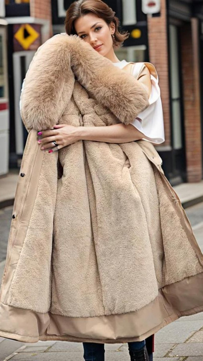 Women's Jacket Waterproof Insulated Winter Parka Faux Fur Hood - Beige