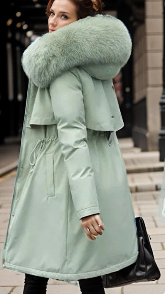 Women's Jacket Waterproof Insulated Winter Parka Faux Fur Hood - Green