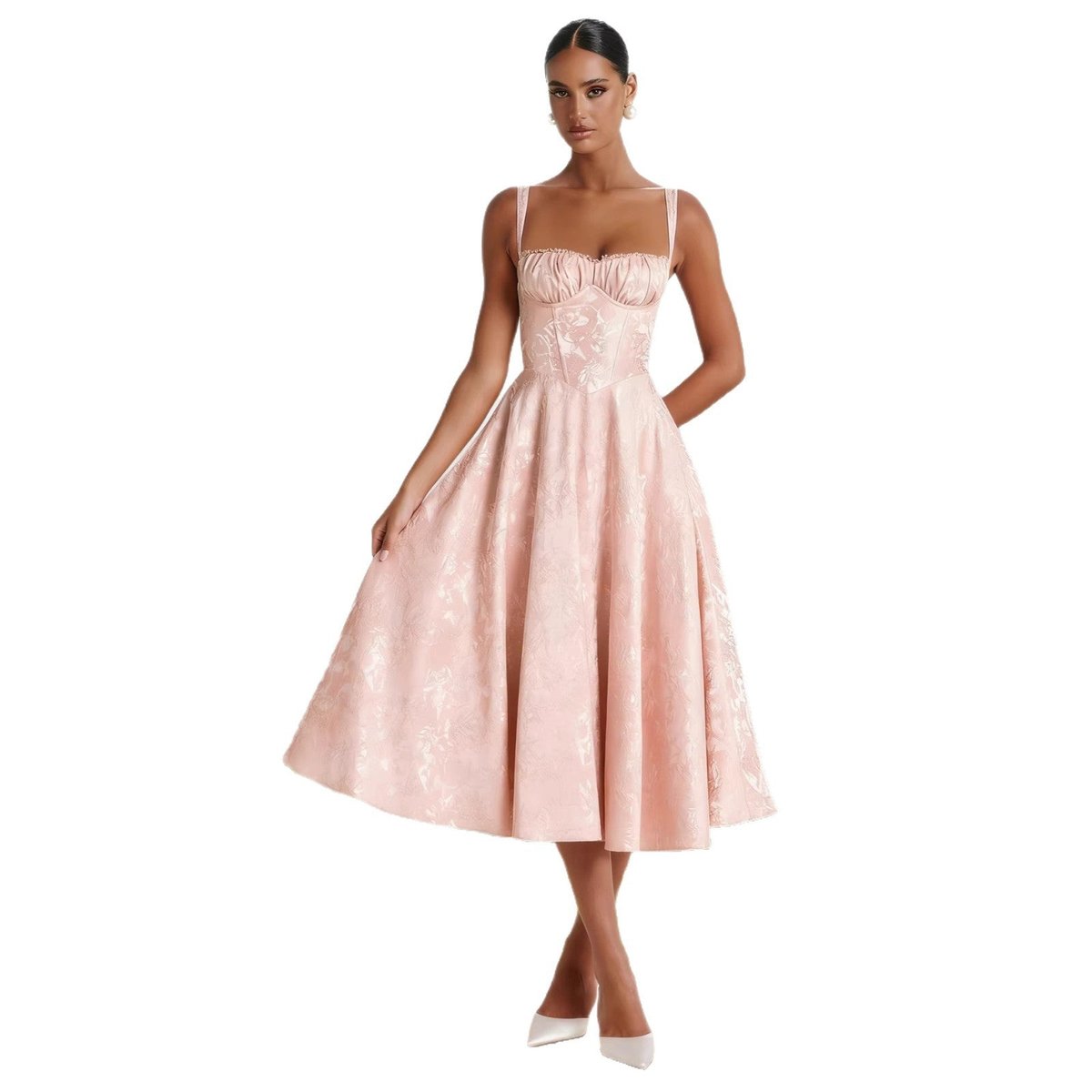 Women's Jacquard Sweetheart Midi Cocktail Dress Flared Corset Bodice
