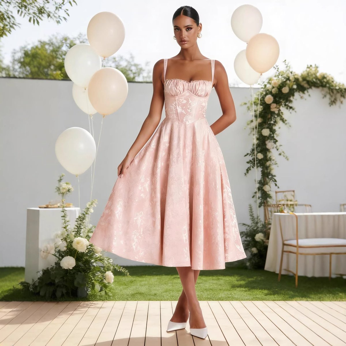 Women's Jacquard Sweetheart Midi Cocktail Dress Flared Corset Bodice - Pink