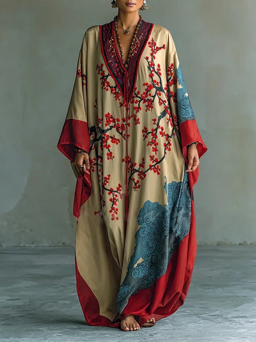 Women's Japanese Plum Blossom Print Batwing Maxi Long Sleeve Dress - Red