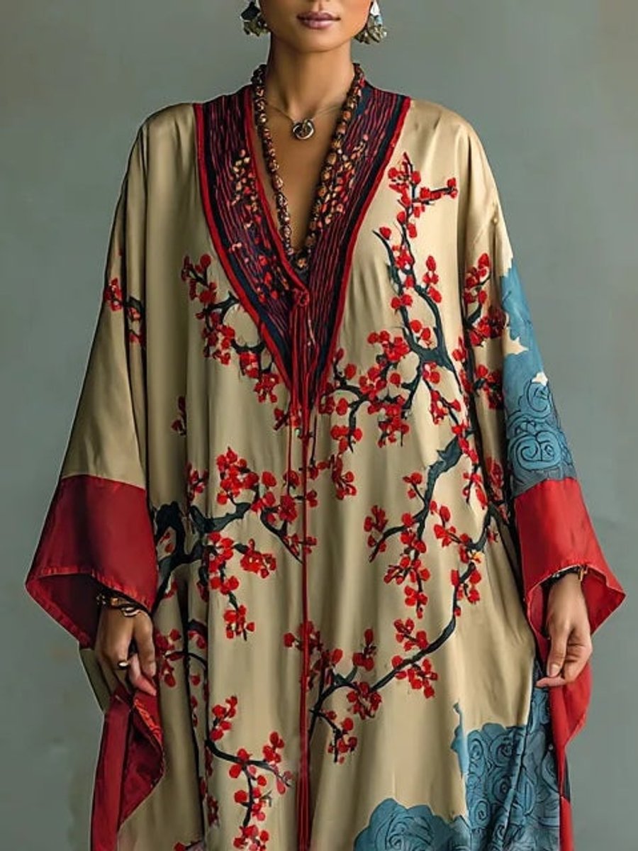 Women's Japanese Plum Blossom Print Batwing Maxi Long Sleeve Dress