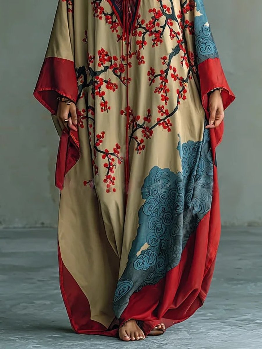 Women's Japanese Plum Blossom Print Batwing Maxi Long Sleeve Dress