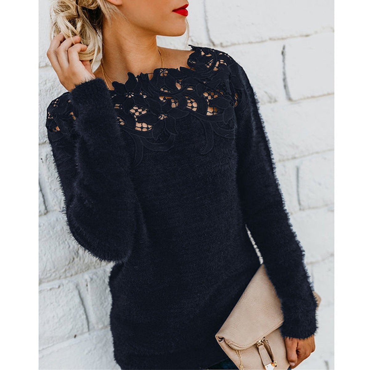 Womens Jumper Fluffy Knit Lace Floral Neckline Pullover - Black