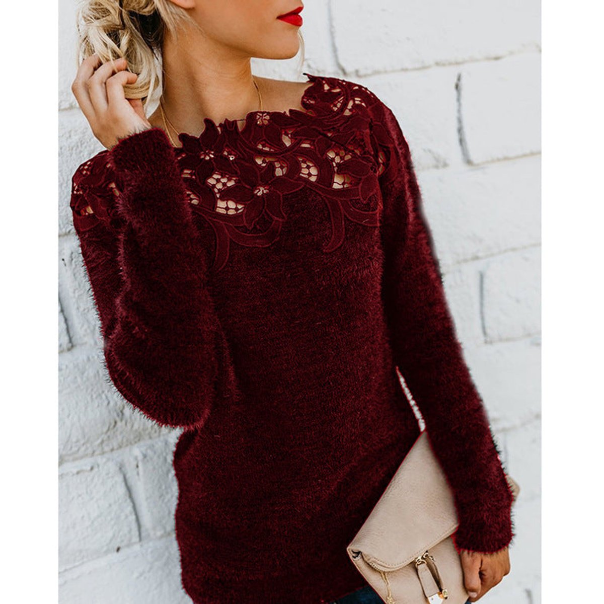 Womens Jumper Fluffy Knit Lace Floral Neckline Pullover - Red Wine