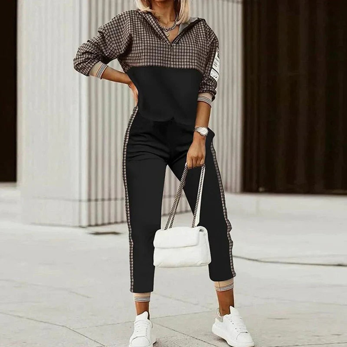 Womens Jumper Joggers Two-Piece Half-Zip Athleisure Set - Black