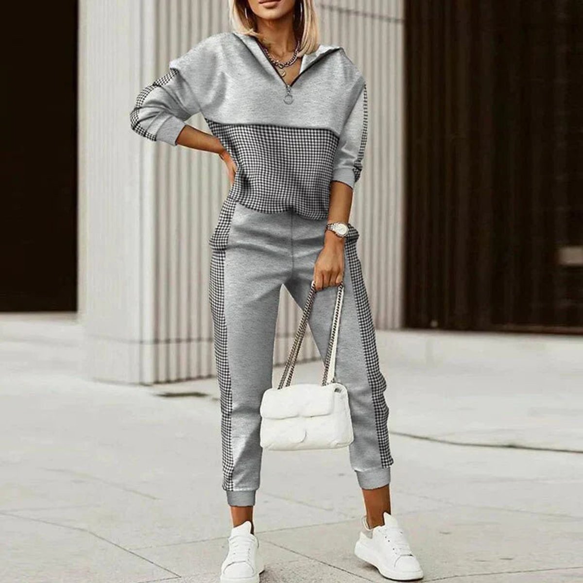 Womens Jumper Joggers Two-Piece Half-Zip Athleisure Set - Grey