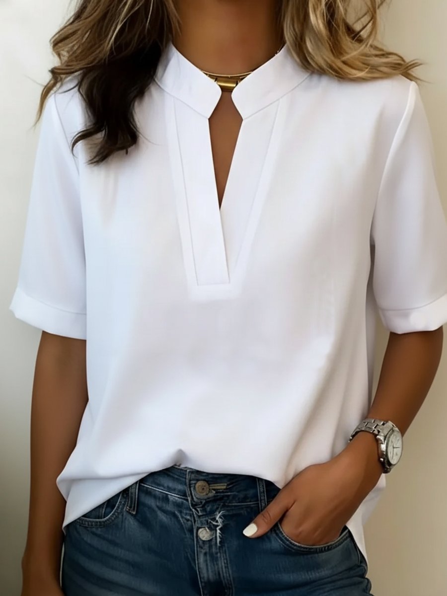 Womens Jumper V-Neck Relaxed Fit Short Sleeve Blouse Top - White