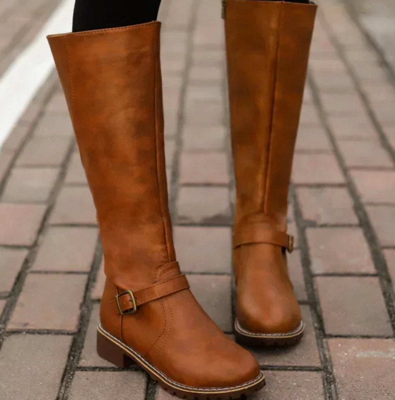 Women's Knee-High Buckle-Strap Riding Leather Boots