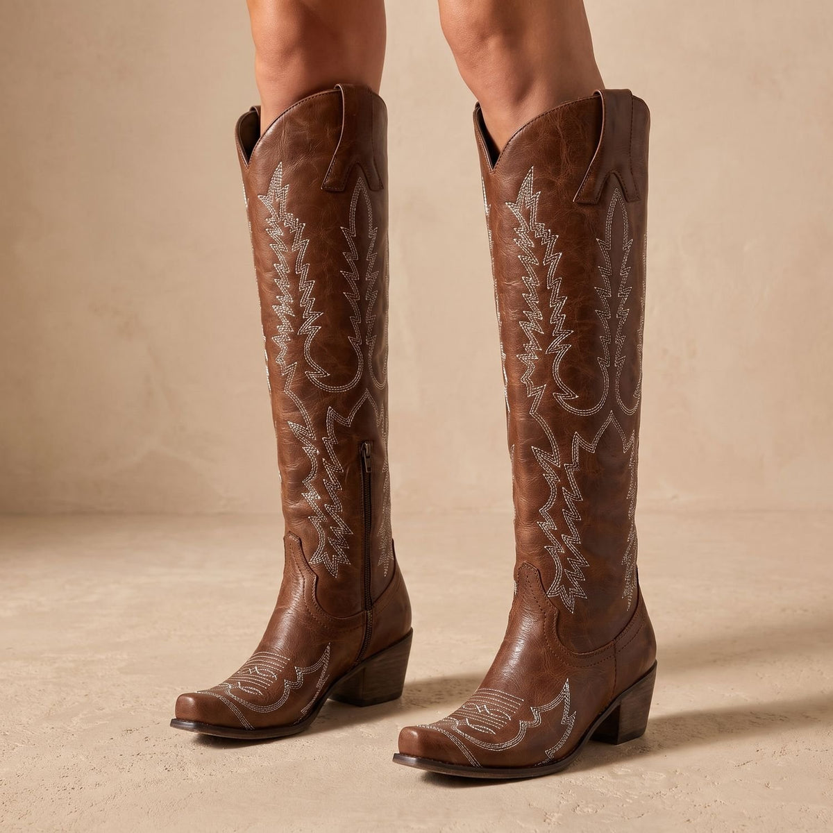 Women's Knee-High Cowboy Boots Embroidered Western Block Heel