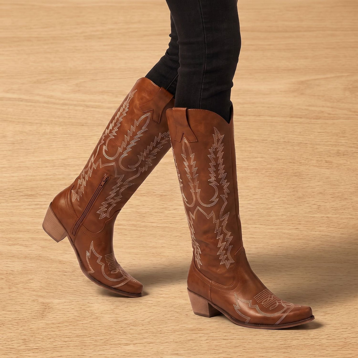 Women's Knee-High Cowboy Boots Embroidered Western Block Heel