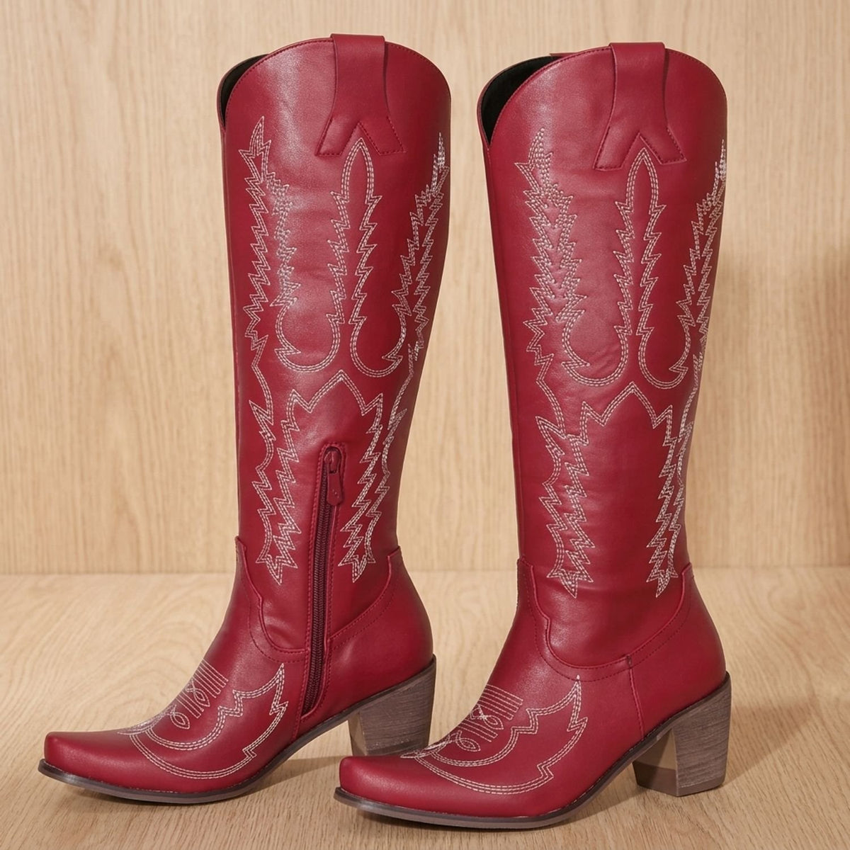 Women's Knee-High Cowboy Boots Embroidered Western Block Heel - Red