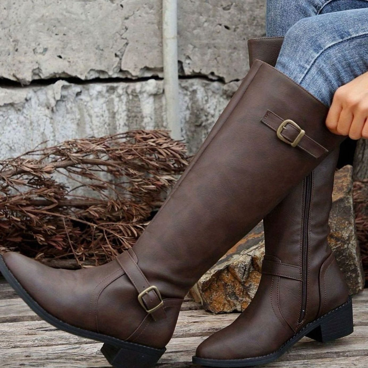 Women's Knee-High Riding Boots Buckle Zip Low Block Heel - Dark Brown