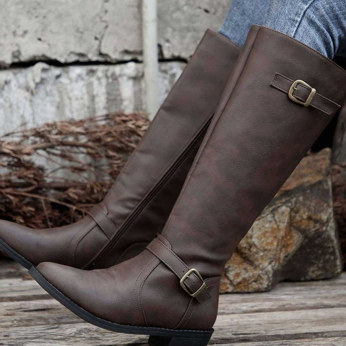 Women's Knee-High Riding Boots Buckle Zip Low Block Heel