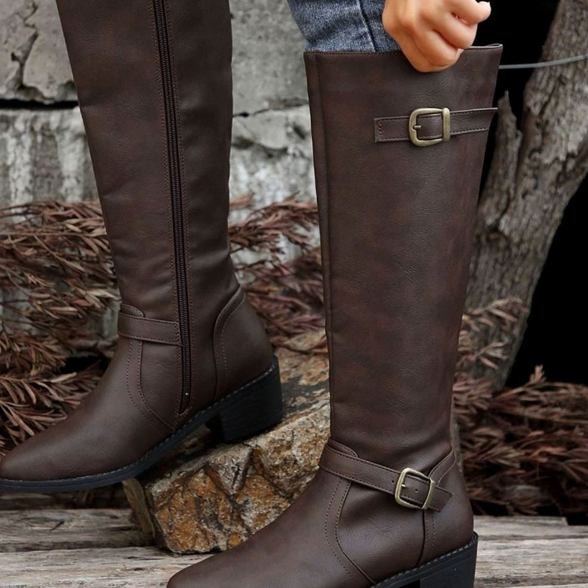 Women's Knee-High Riding Boots Buckle Zip Low Block Heel
