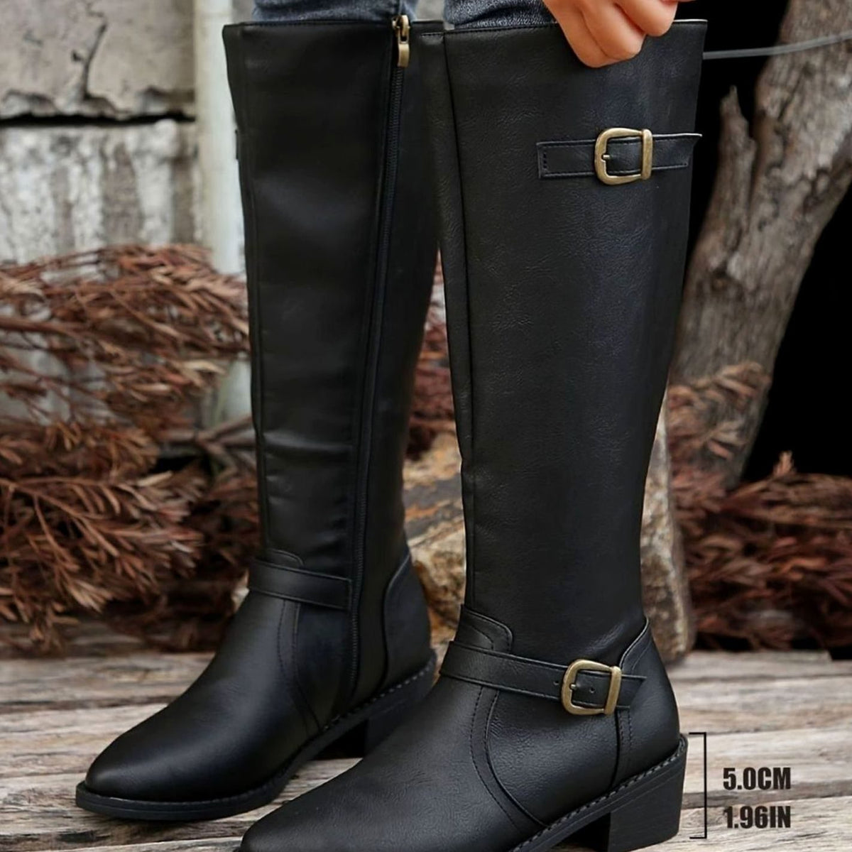Women's Knee-High Riding Boots Buckle Zip Low Block Heel