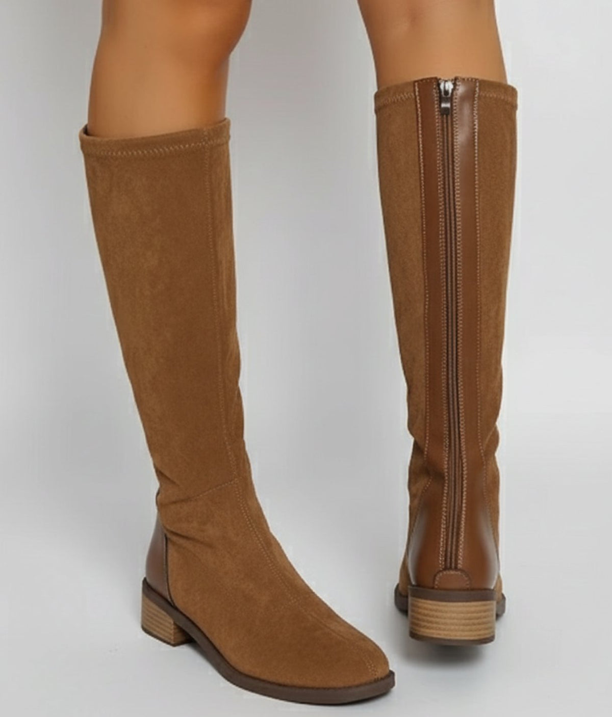 Women's Knee-High Suede Look Block Heel Riding Boots, Camel