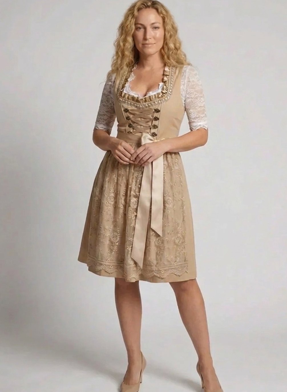 Women's Knee-Length Lace-Up Floral Embroidered Dirndl Dress - Beige