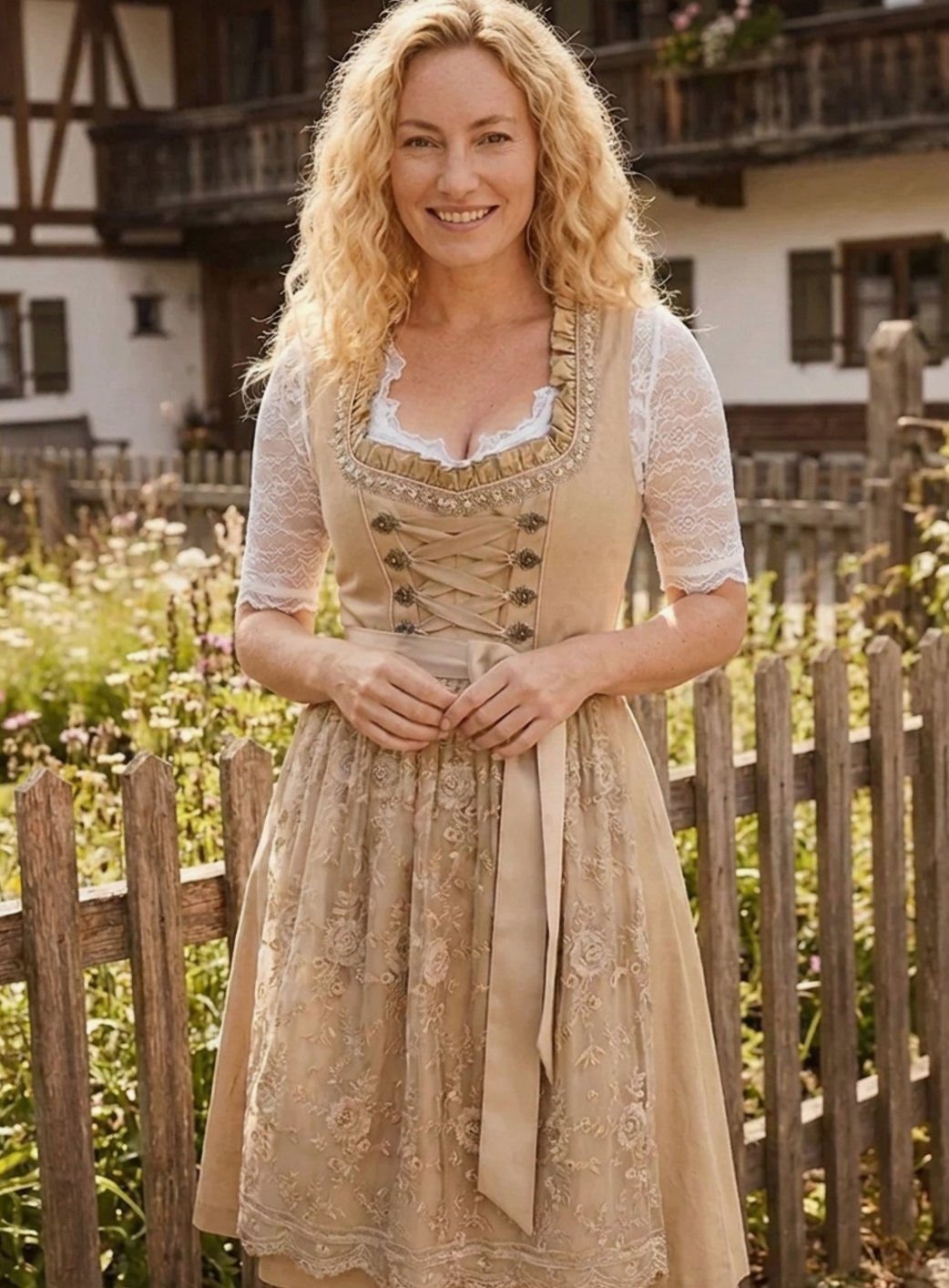 Women's Knee-Length Lace-Up Floral Embroidered Dirndl Dress