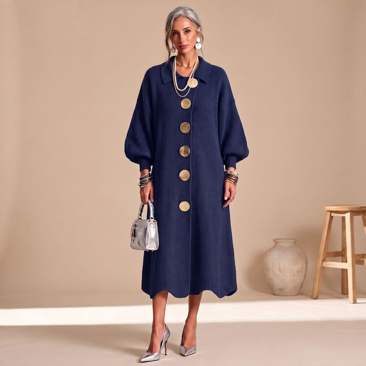Women's Knit Long Sleeve Button-Down Midi Dress - Navy Blue