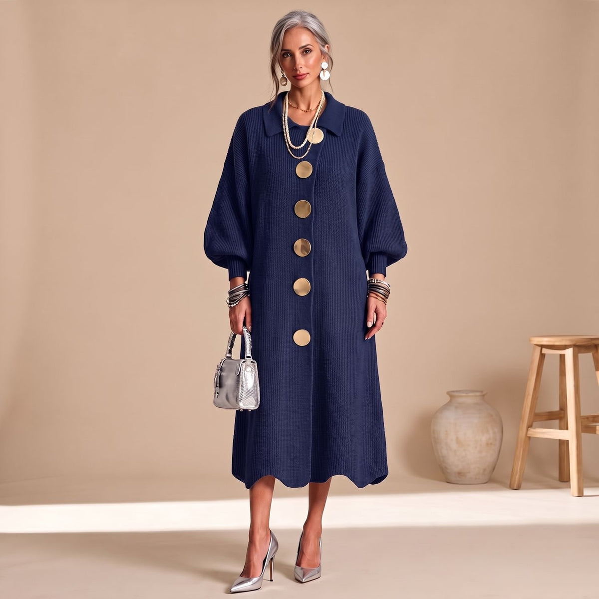 Women's Knit Long Sleeve Button-Down Midi Dress