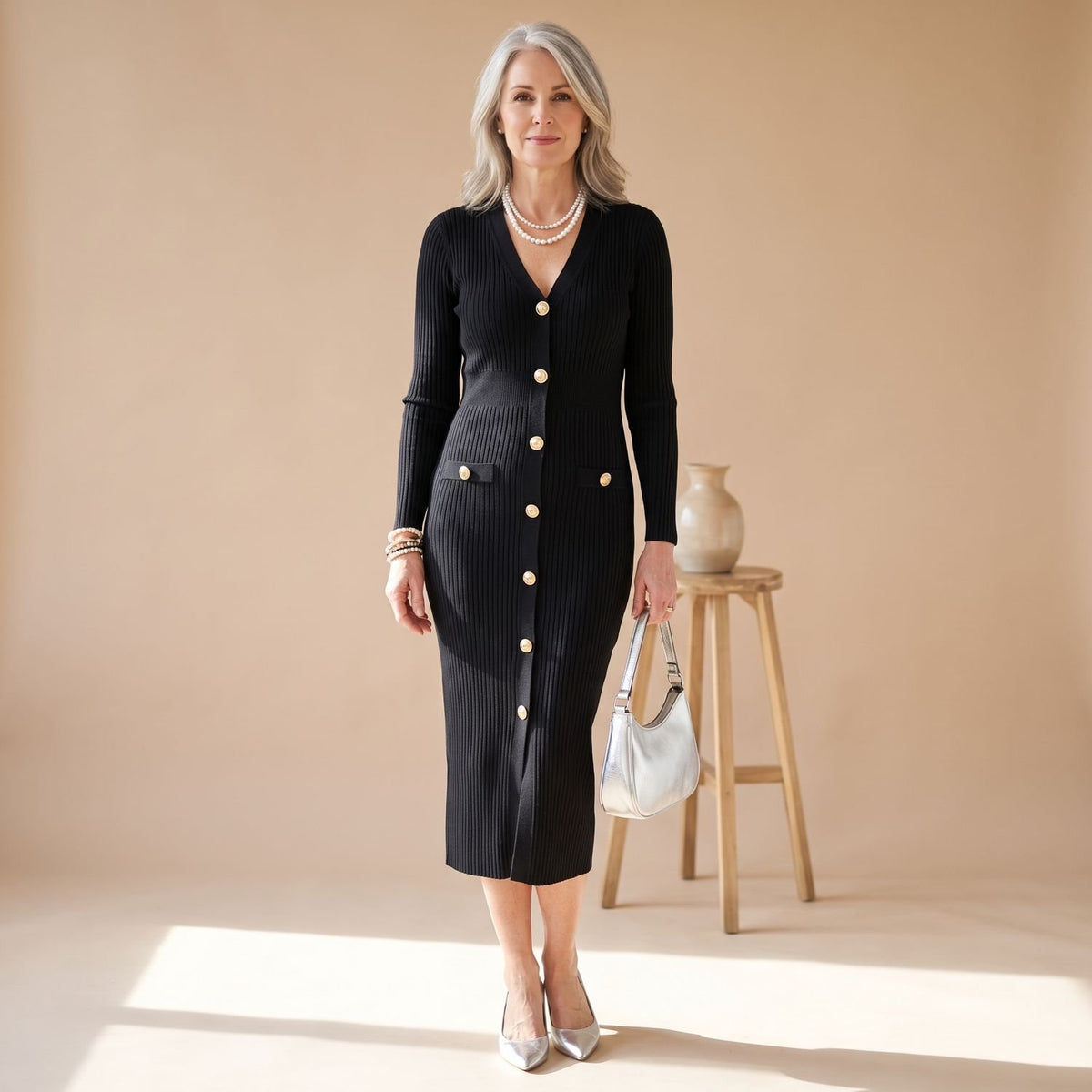 Women's Knit Long Sleeve Button-Down Midi Dress - Black