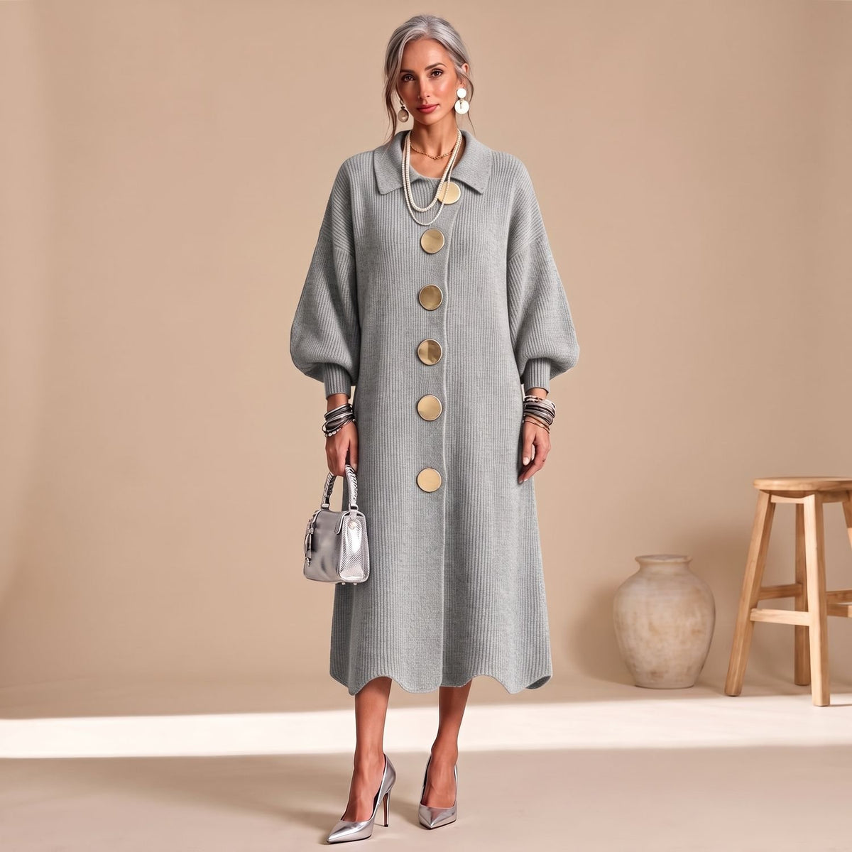 Women's Knit Long Sleeve Button-Down Midi Dress - Grey