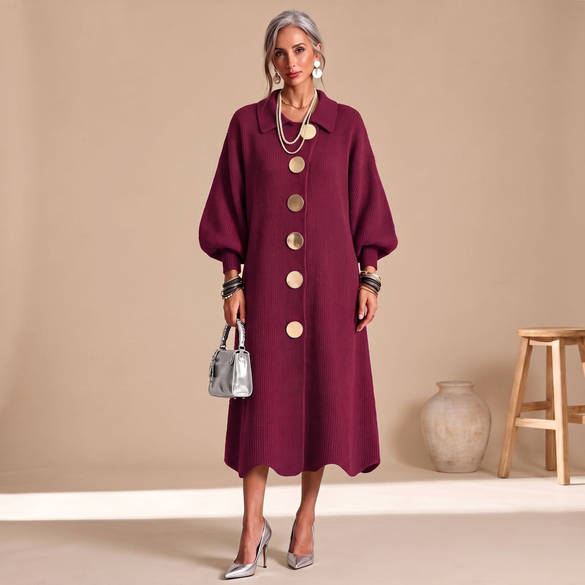 Women's Knit Long Sleeve Button-Down Midi Dress - Red