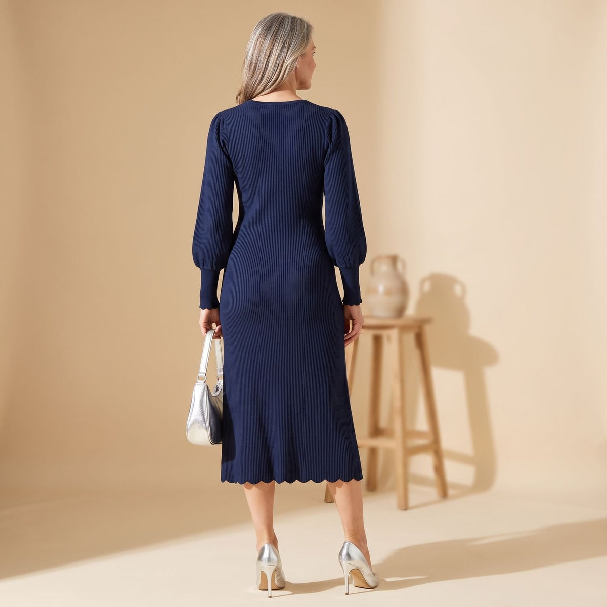 Women's Knit Long Sleeve Button-Down Midi Dress