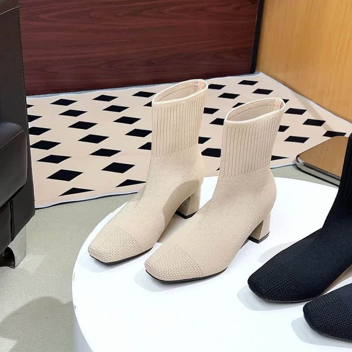 Women's Knit Sock Ankle Boots Block Heel Square Toe
