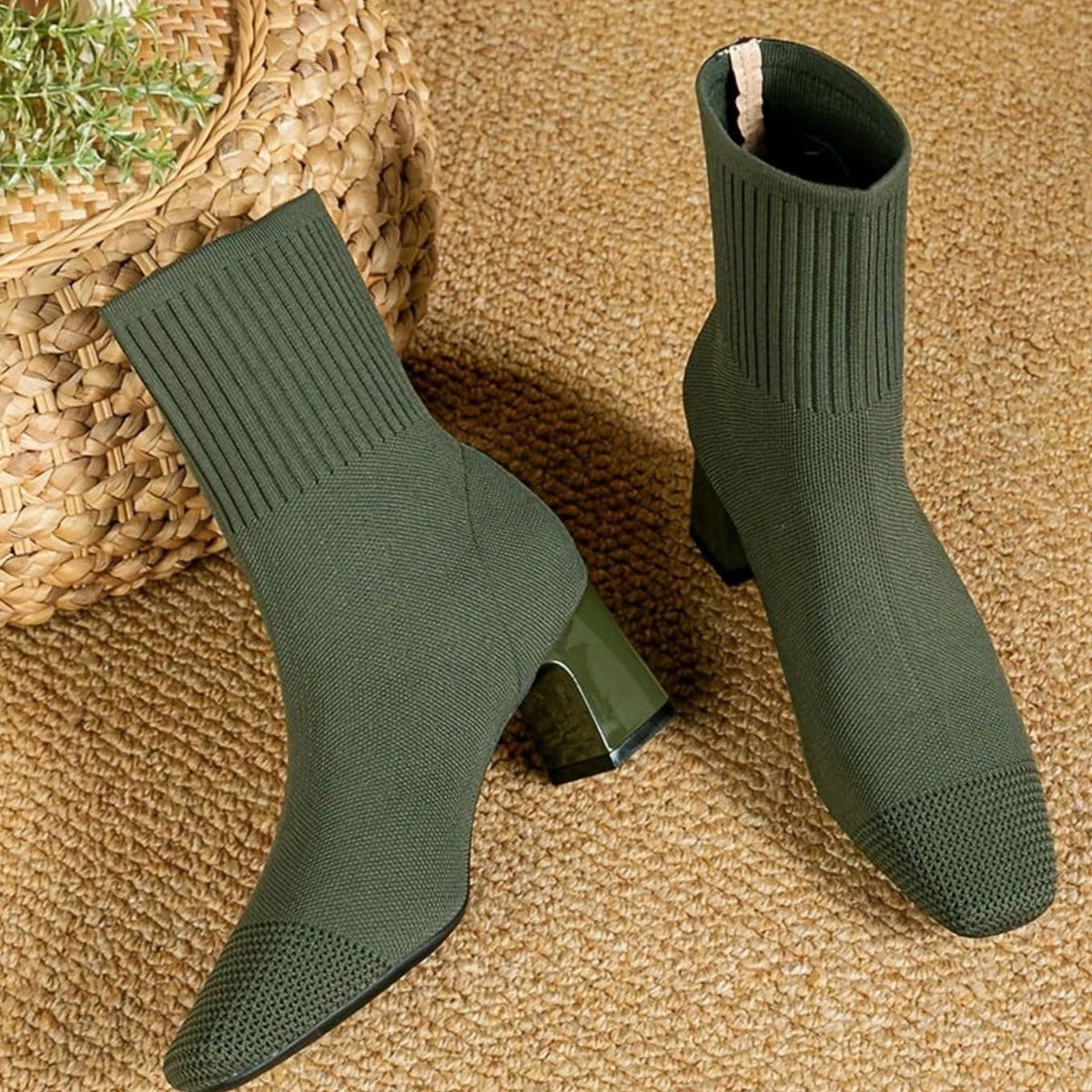 Women's Knit Sock Ankle Boots Block Heel Square Toe - Green