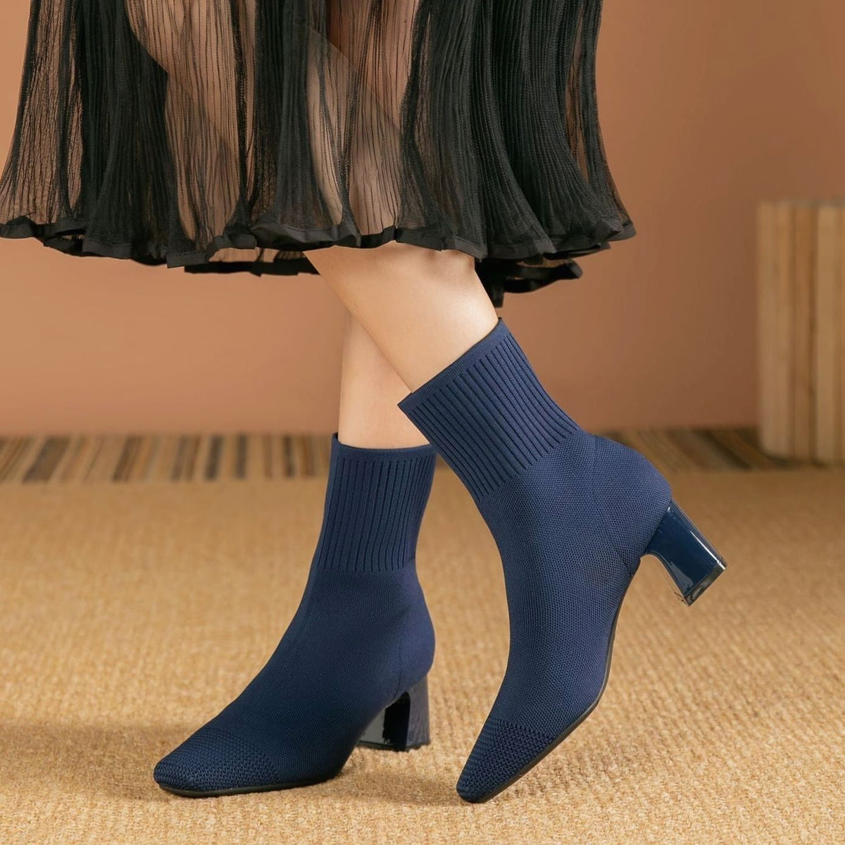 Women's Knit Sock Ankle Boots Block Heel Square Toe