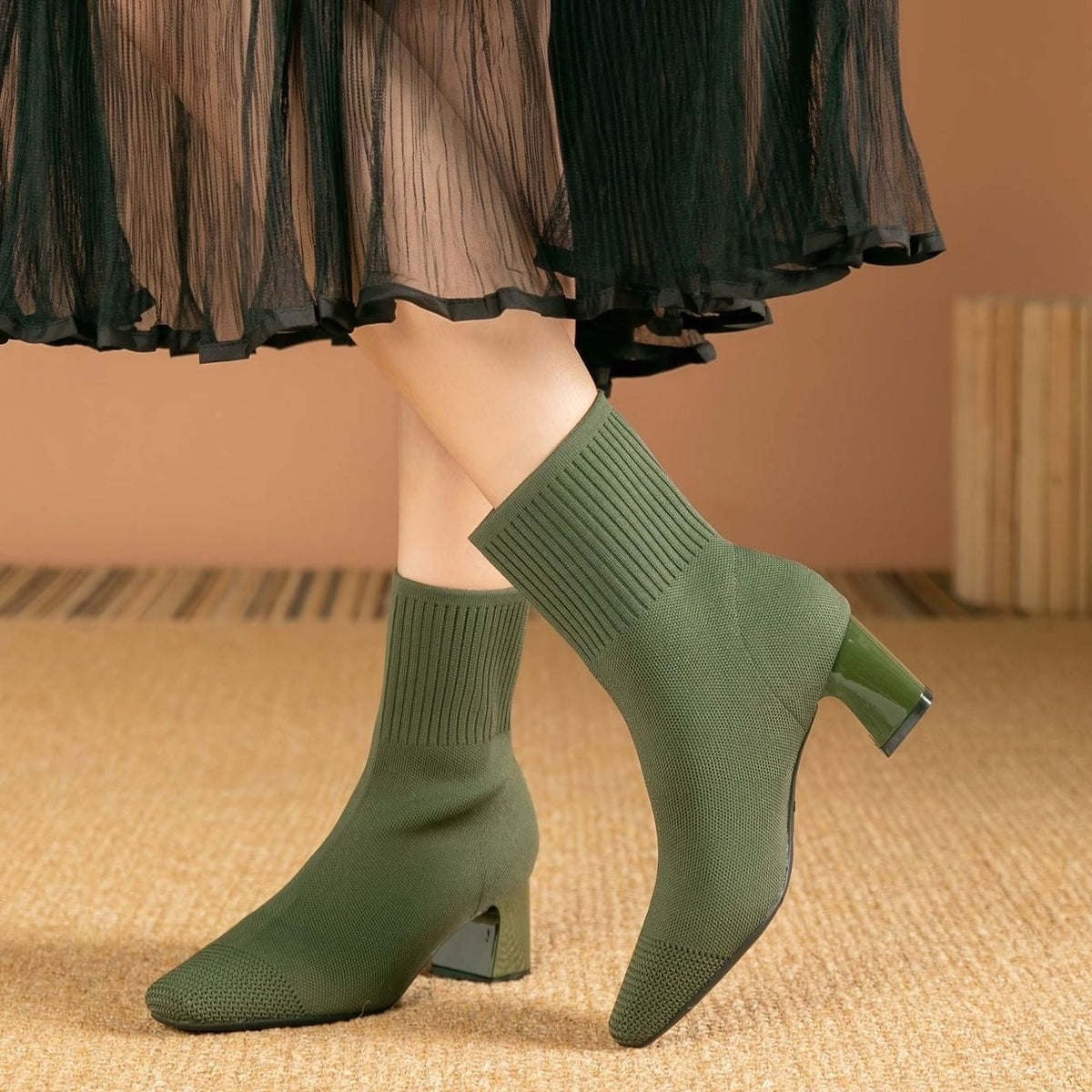 Women's Knit Sock Ankle Boots Block Heel Square Toe