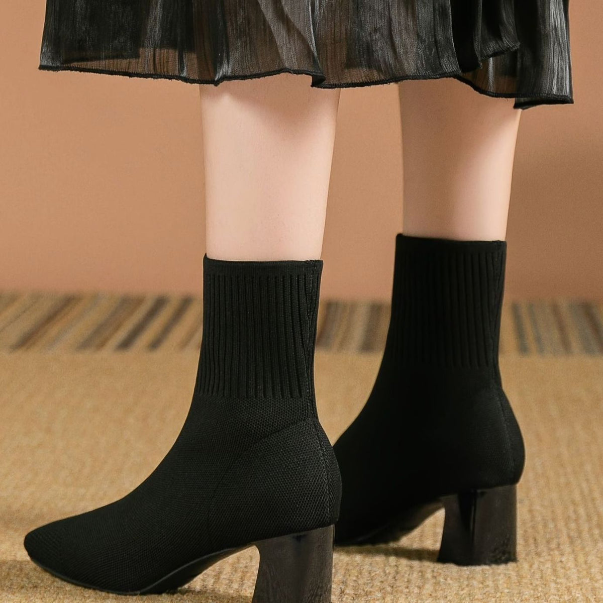 Women's Knit Sock Ankle Boots Block Heel Square Toe - Black