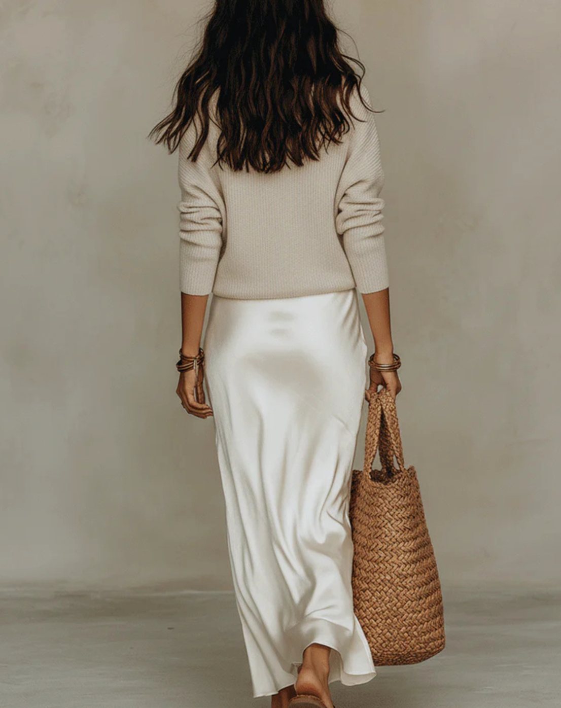 Women's Knit Sweater Satin Midi Skirt Two Piece Set
