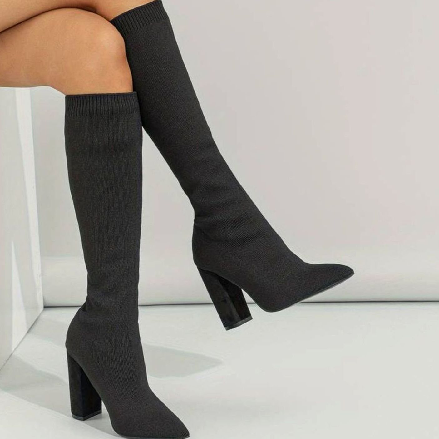Women's Knitted Block Heel Knee-High Sock Boots - Black