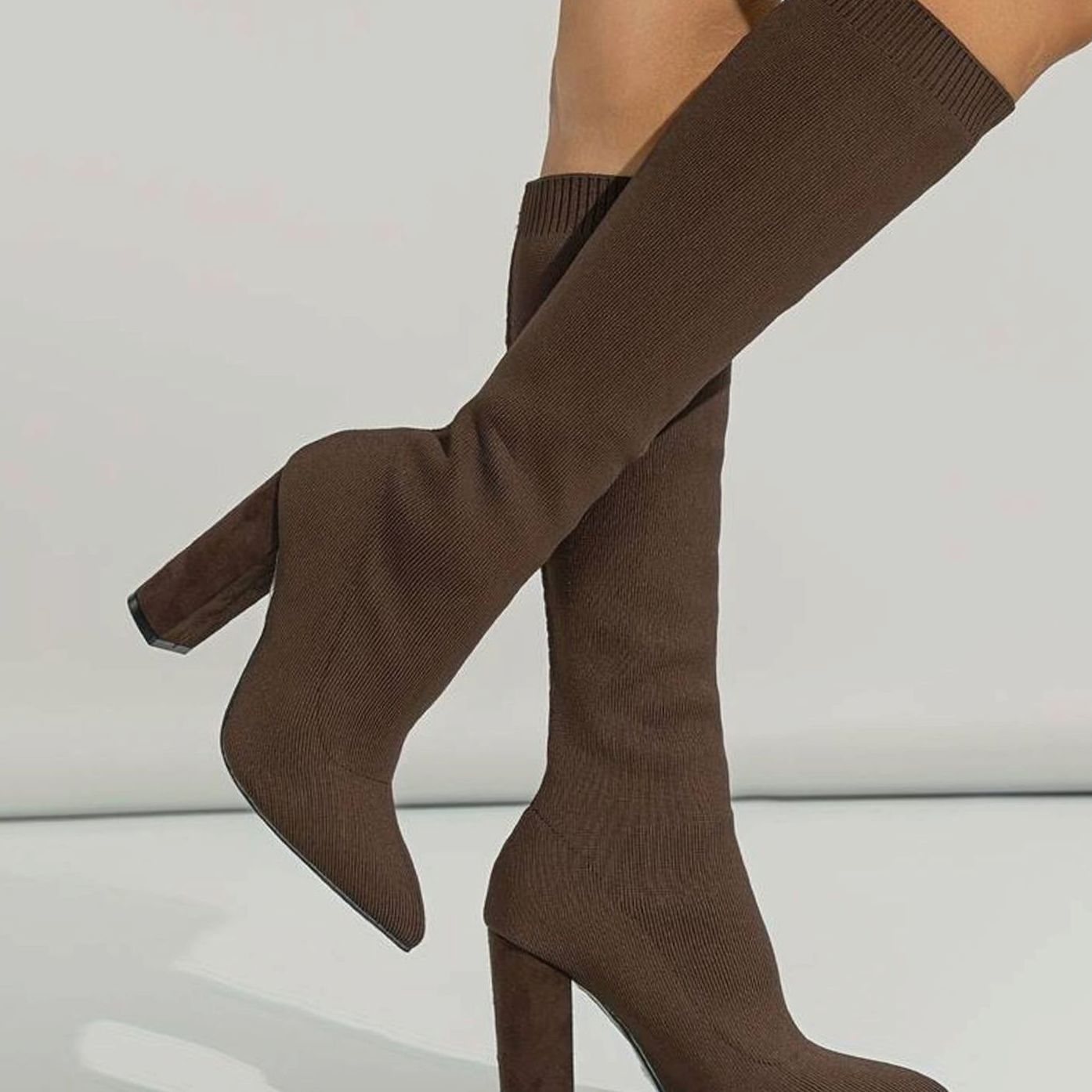 Women's Knitted Block Heel Knee-High Sock Boots