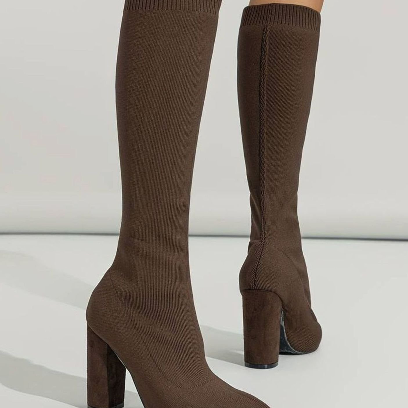 Women's Knitted Block Heel Knee-High Sock Boots