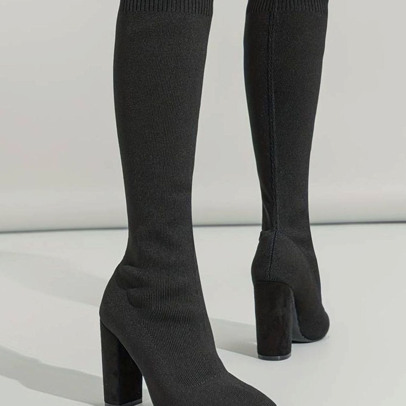 Women's Knitted Block Heel Knee-High Sock Boots