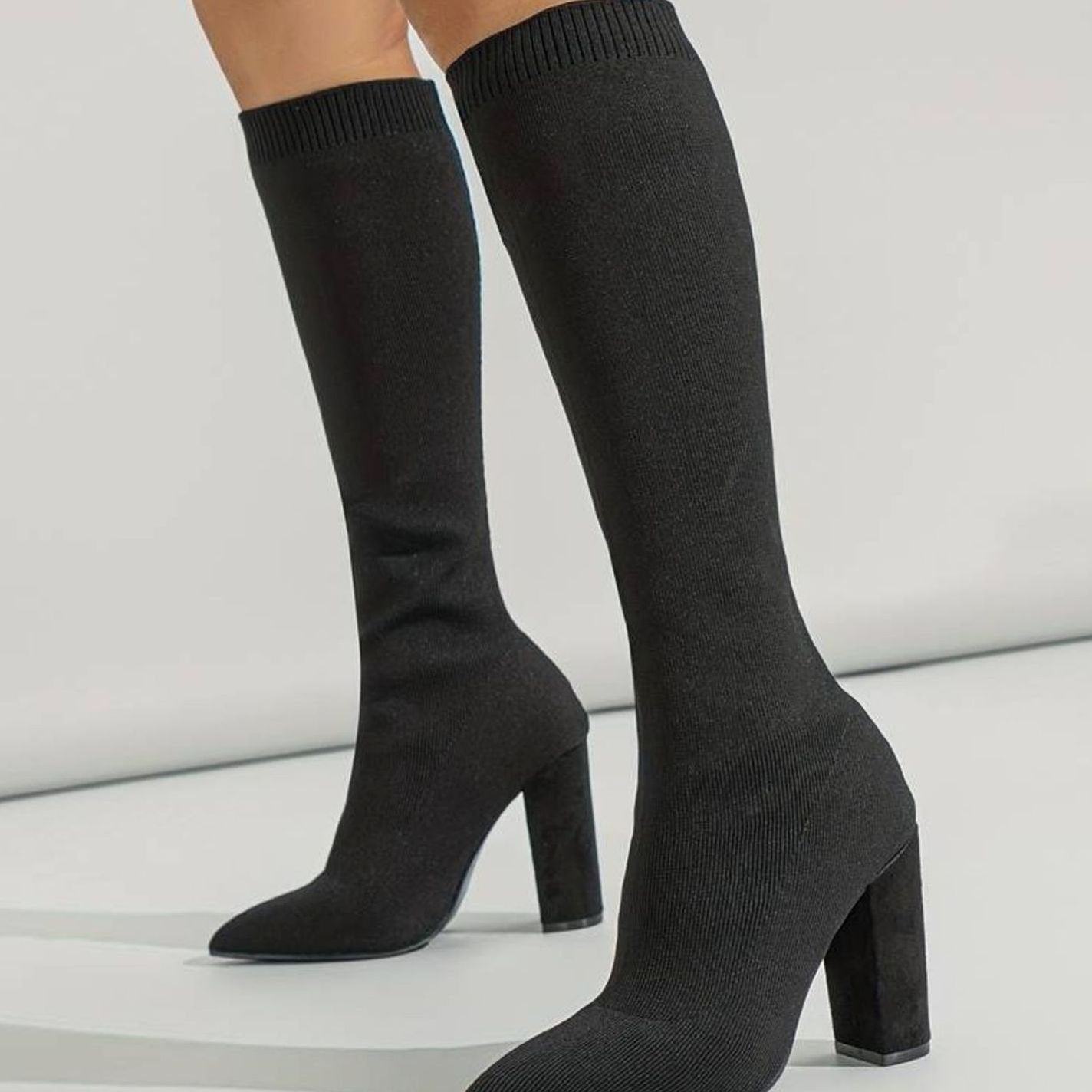 Women's Knitted Block Heel Knee-High Sock Boots