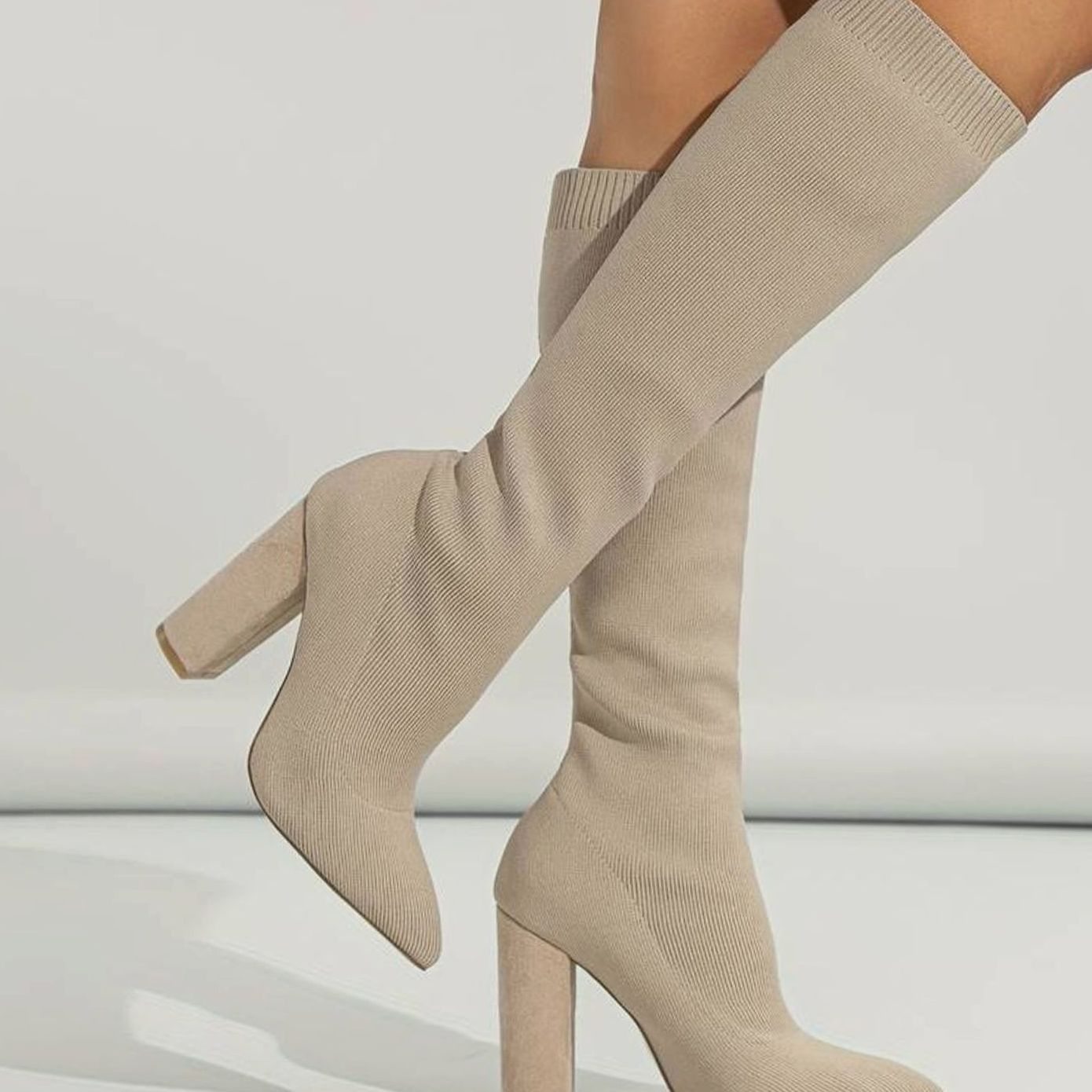 Women's Knitted Block Heel Knee-High Sock Boots