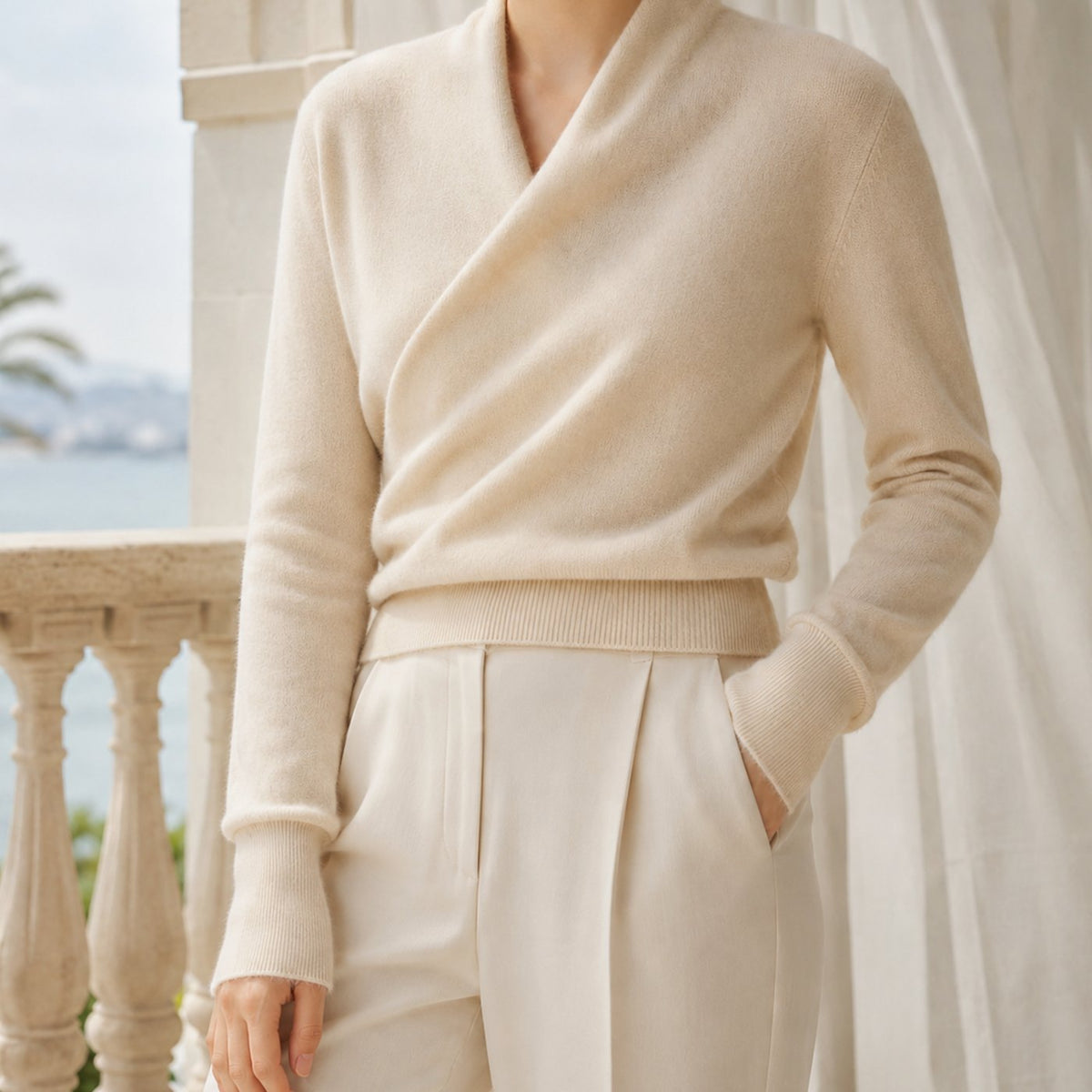 Women's Knitwear Cashmere Blend Crossover Shawl Neck Jumper - Beige