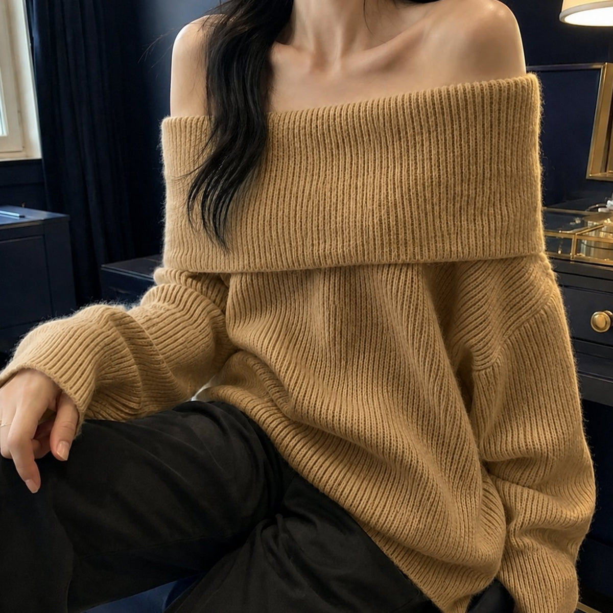 Women's Knitwear Off-Shoulder Oversized Foldover Pullover Jumper - Khaki