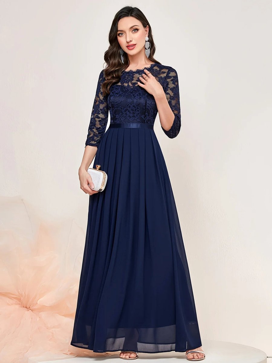 Women's Lace Bodice Pleated Maxi Formal Dresses 3/4 Sleeve A-Line Gown
