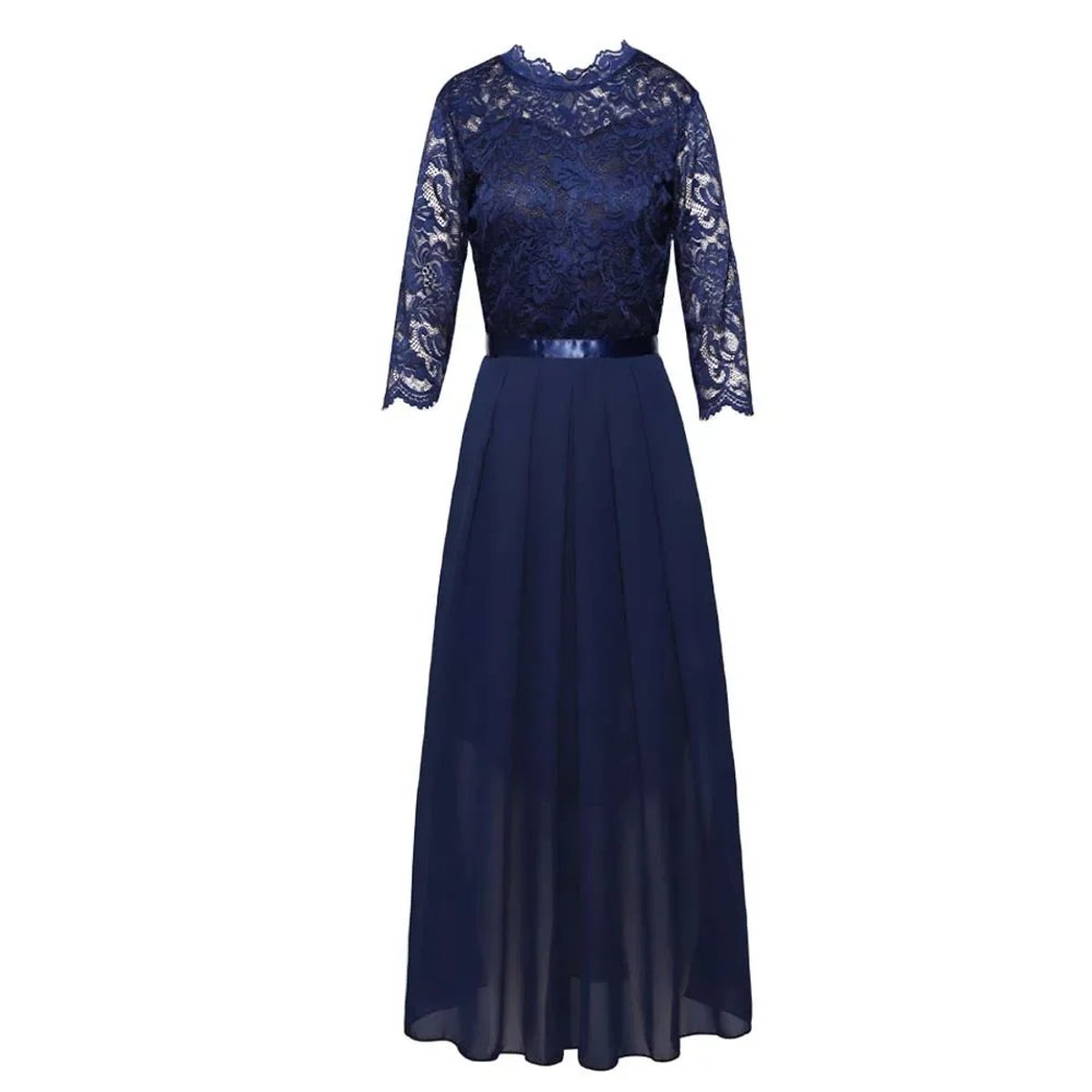 Women's Lace Bodice Pleated Maxi Formal Dresses 3/4 Sleeve A-Line Gown