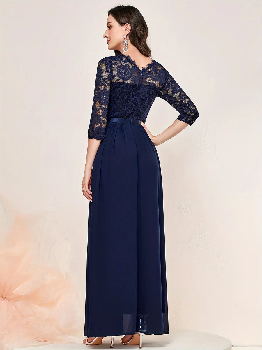 Women's Lace Bodice Pleated Maxi Formal Dresses 3/4 Sleeve A-Line Gown