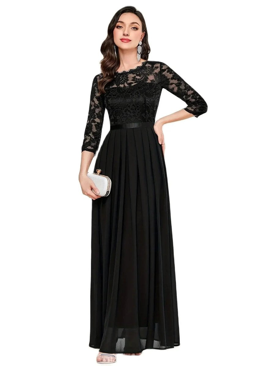 Women's Lace Bodice Pleated Maxi Formal Dresses 3/4 Sleeve A-Line Gown