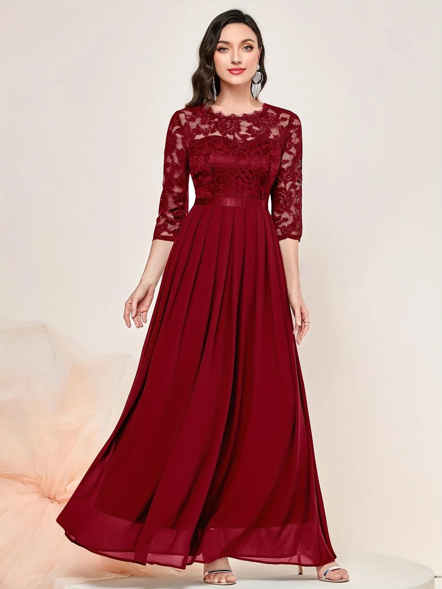 Women's Lace Bodice Pleated Maxi Formal Dresses 3/4 Sleeve A-Line Gown